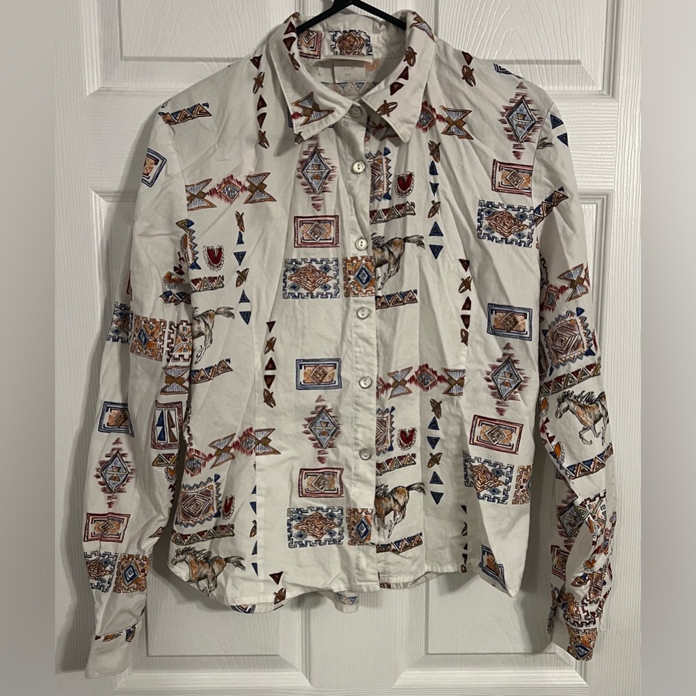 Lucille Women’s Long Sleeve Vintage Button Up Shirt Xl Horse Pattern 100%Cotton